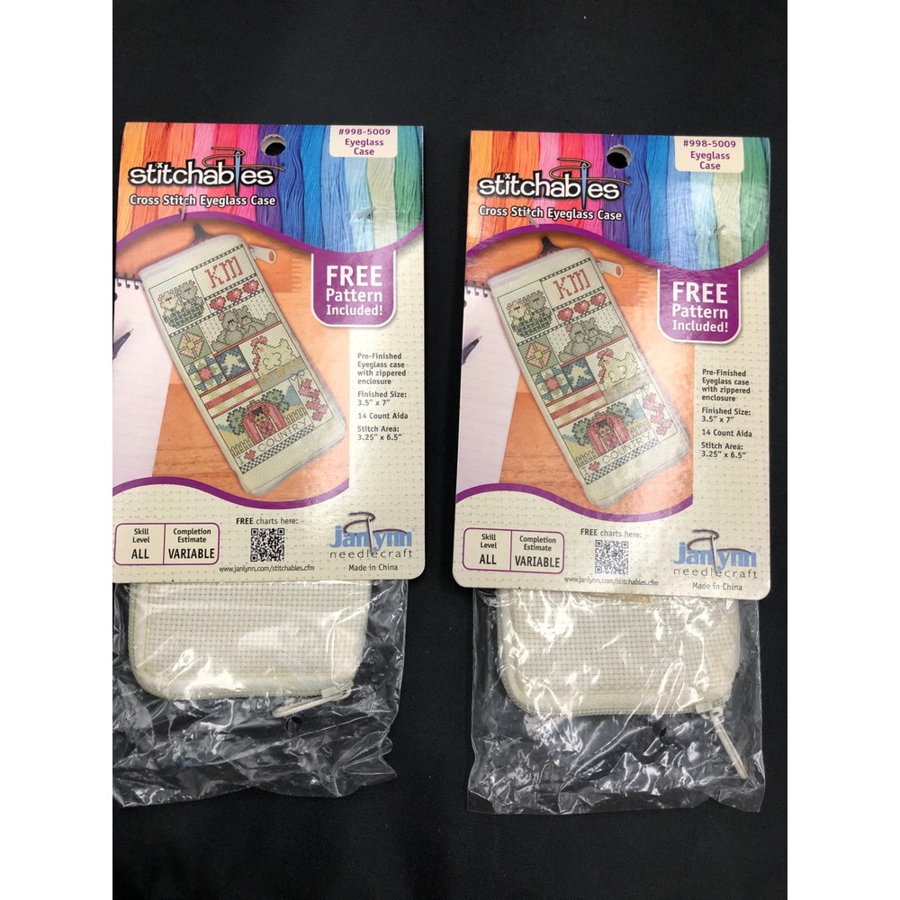 2 -Janlynn Stitchables Cross Stitch Eyeglass Case 14 Count Aida 998-5009 NEW Y2K